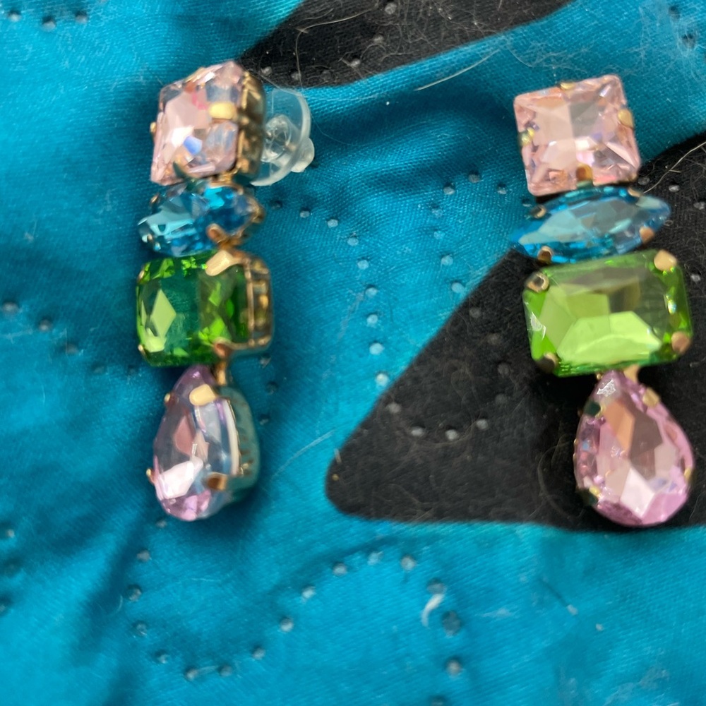 Source Unknown Pink, Green & Blue Glass Crystal Drop Earrings